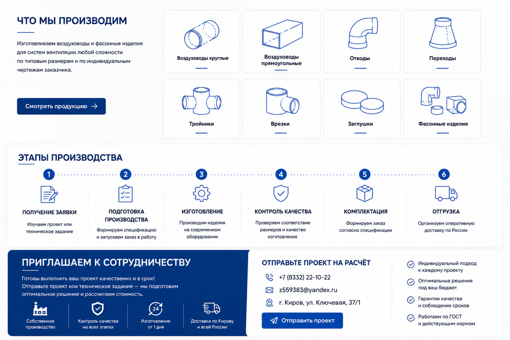 Производство Вентиляция.ру: круглые и прямоугольные воздуховоды, отводы, переходы, тройники, врезки, заглушки, фасонные изделия, этапы изготовления и отгрузки